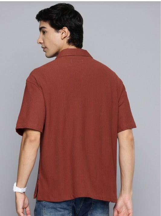 Mens Square Structured Cuban Collar Shirt - Dull Red