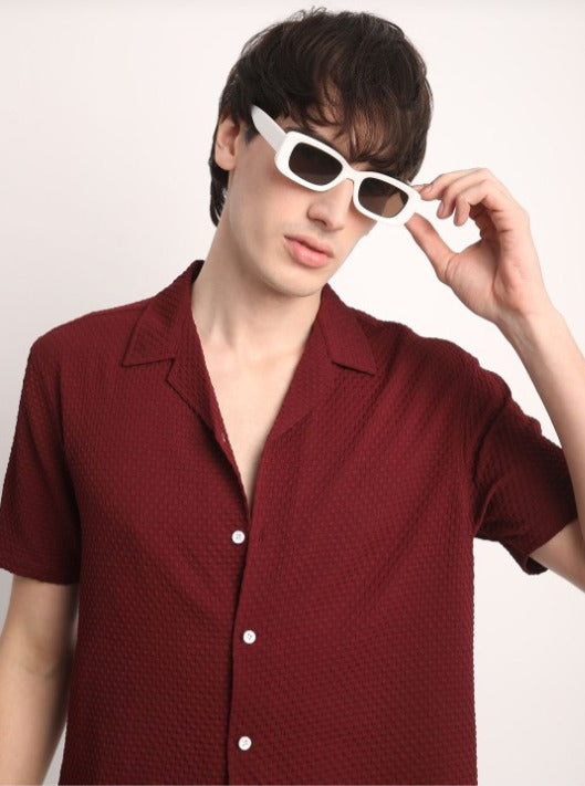 Mens Square Structured Cuban Collar Shirt - Maroon