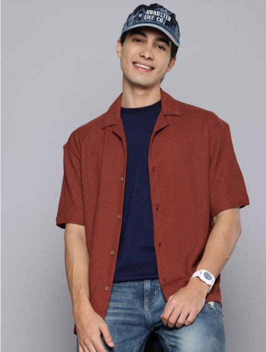 Mens Square Structured Cuban Collar Shirt - Dull Red