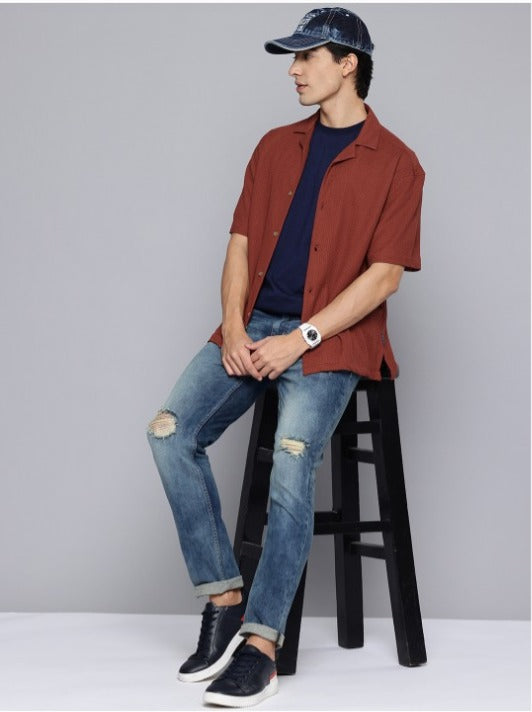 Mens Square Structured Cuban Collar Shirt - Dull Red