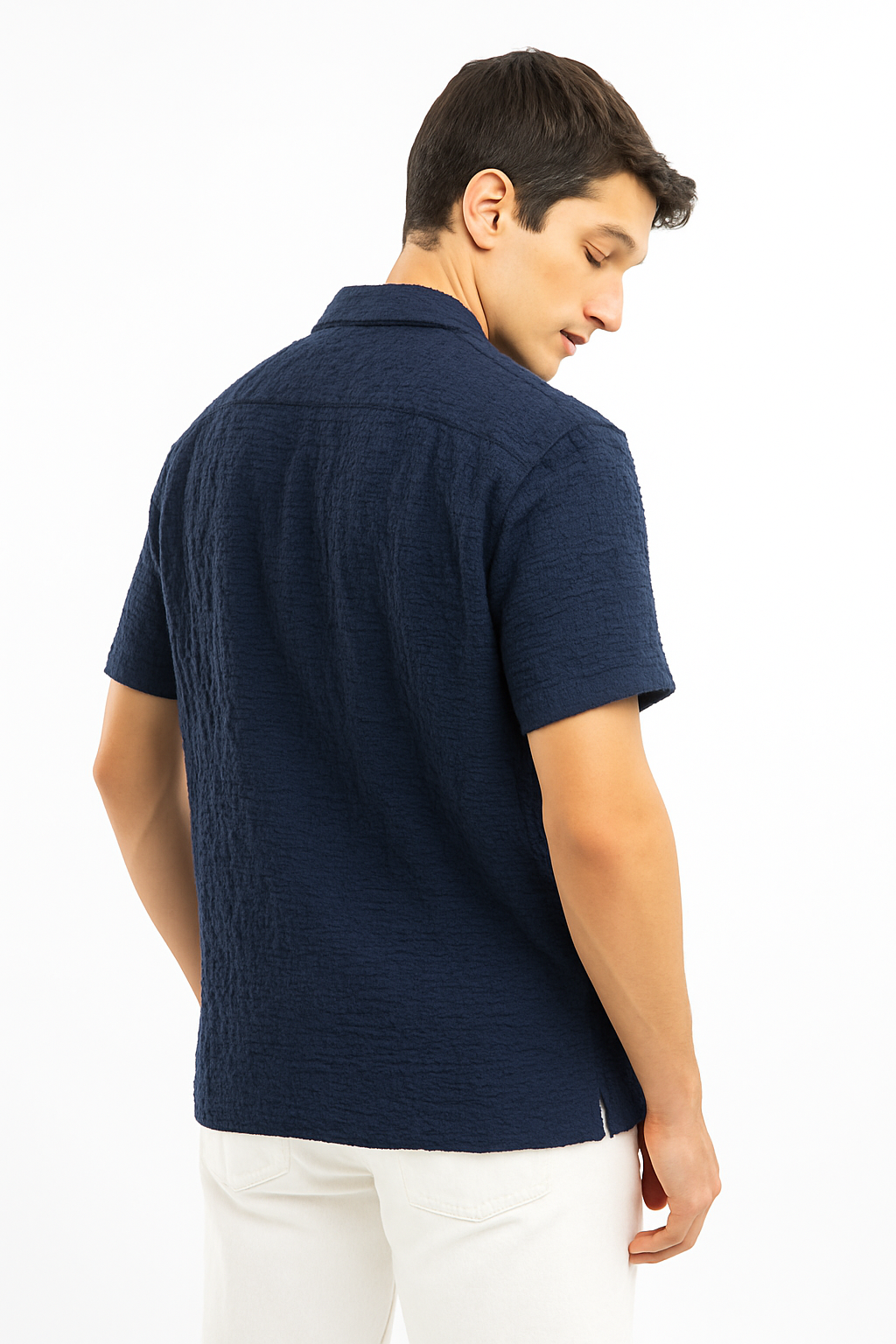 Crinkle Cuban Collar Shirt - Navy Blue