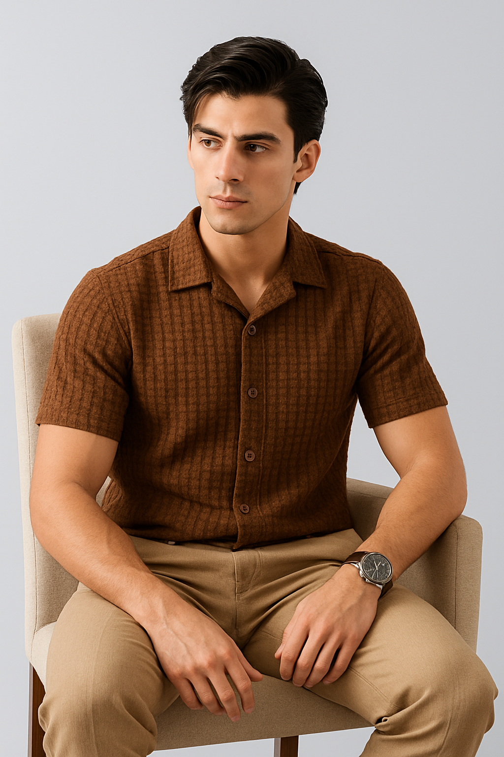 Knitted Breeze Cuban Collar Shirt - Brown