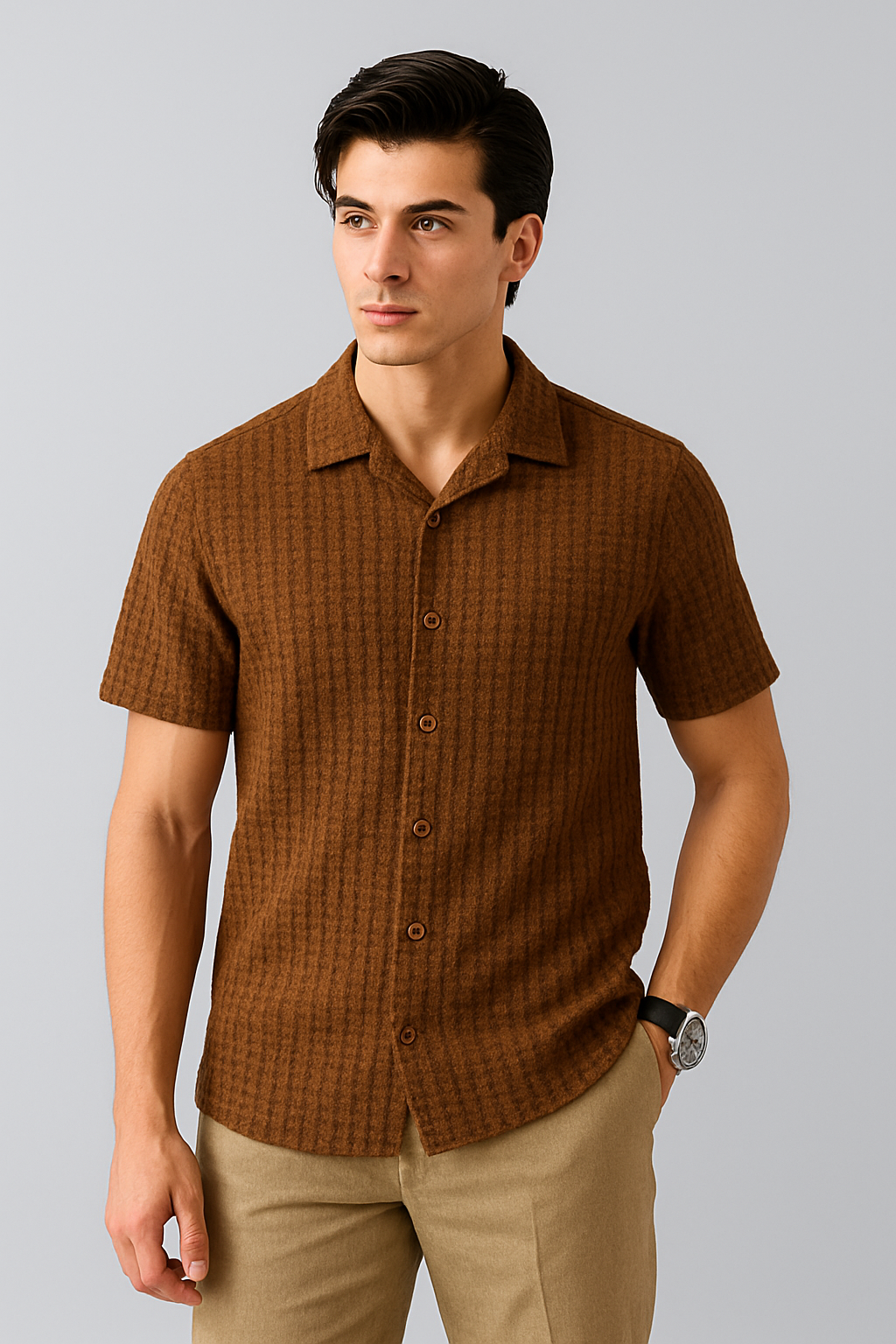 Knitted Breeze Cuban Collar Shirt - Brown