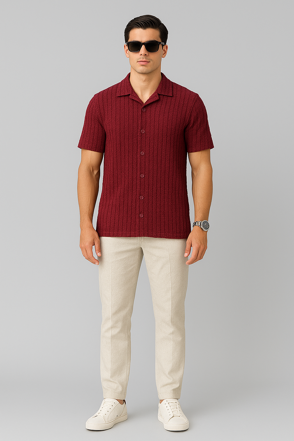 Knitted Breeze Cuban Collar Shirt - Maroon