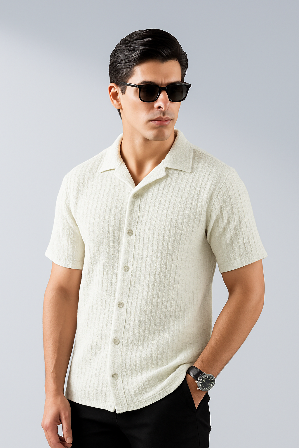 Knitted Breeze Cuban Collar Shirt - White
