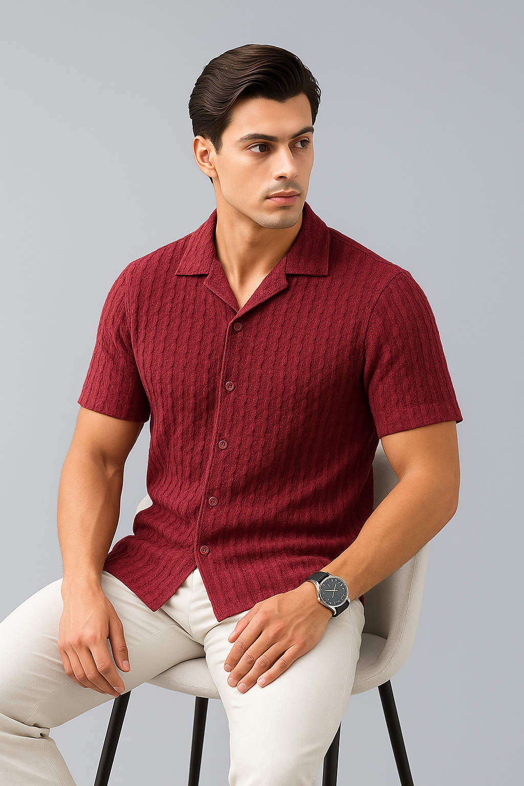 Knitted Breeze Cuban Collar Shirt - Maroon