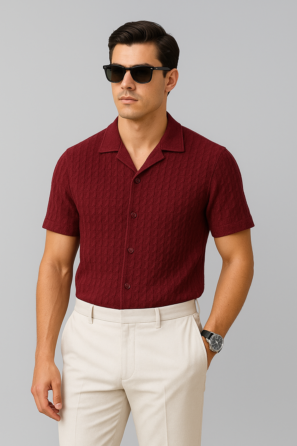 Knitted Breeze Cuban Collar Shirt - Maroon