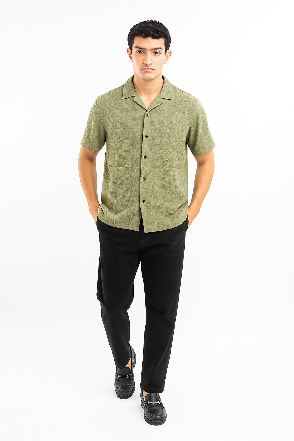 Crinkle Cuban Collar Shirt - Cactus Green
