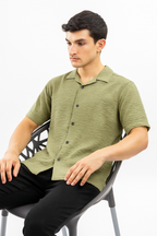 Crinkle Cuban Collar Shirt - Cactus Green