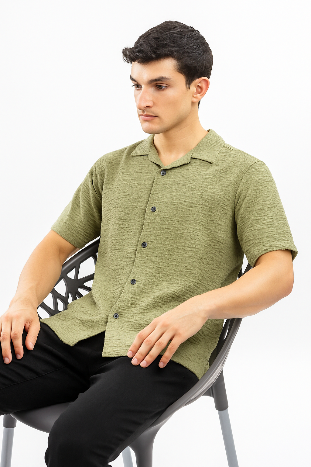 Crinkle Cuban Collar Shirt - Cactus Green