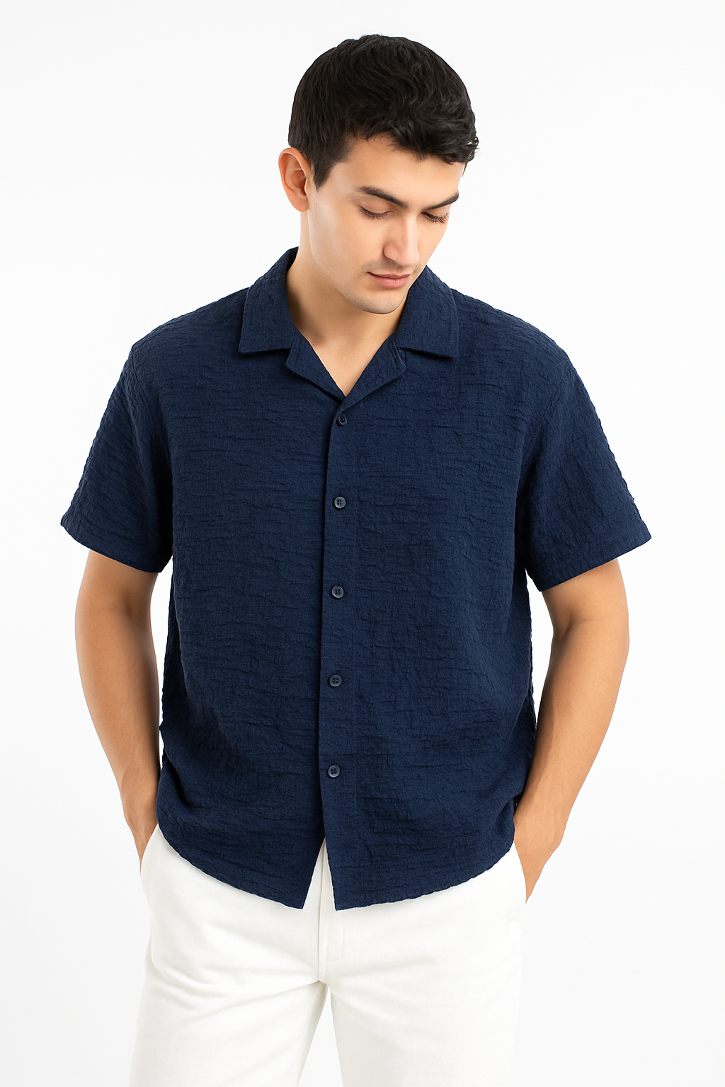 Crinkle Cuban Collar Shirt - Navy Blue