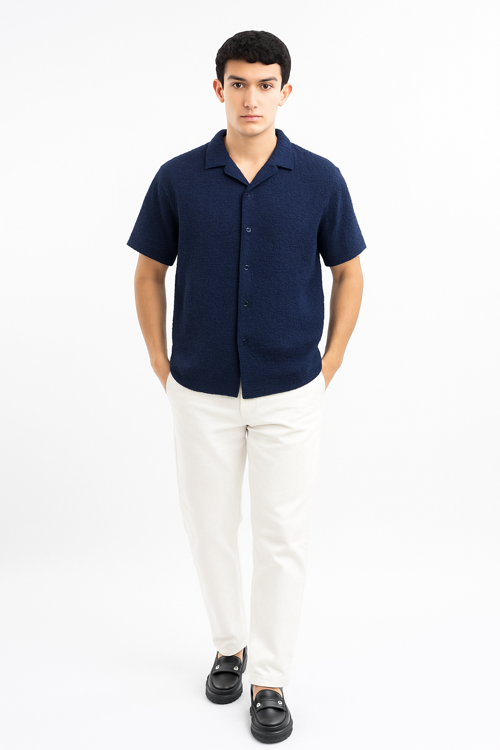 Crinkle Cuban Collar Shirt - Navy Blue