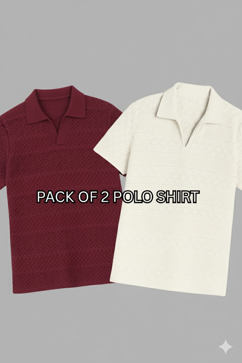 PACK OF 2 JOHNY COLLAR KNITTED EMBOSED POLO - MAROON & WHITE