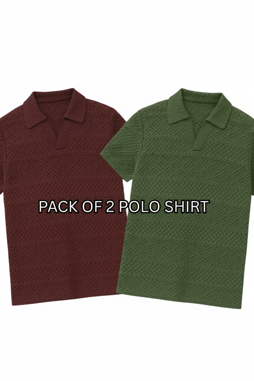 PACK OF 2 JOHNY COLLAR KNITTED EMBOSED POLO - OLIVE & MAROON